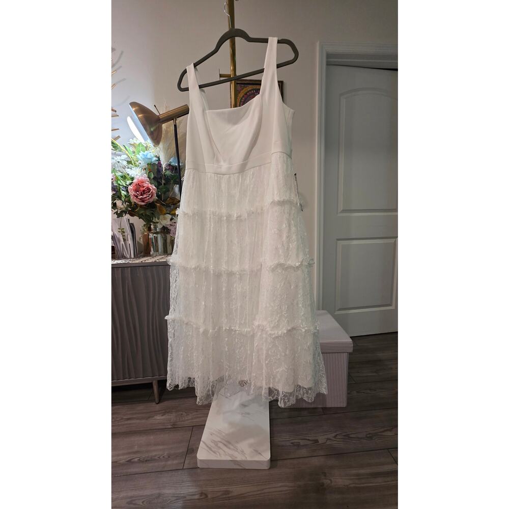 G-25 Adrianna Papell White Lace Tiered Dress Size 14W NWT Square‑Neck Midi - Picture 6 of 7